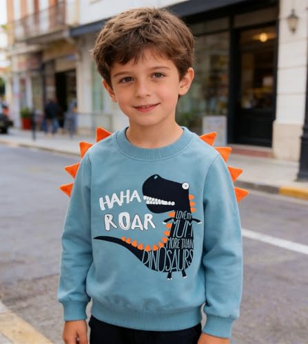 Image of Popshion Toddler Boys Sweatshirts Dinosaur Long Sleeve Pullover Crewneck Shirts Cartoon Tee Sport Tops for Kids 1-8T