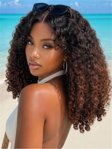 Nadula 7x5 No Slip Chestnut Brown Ombre Burmese Curly Drawstring Wig Human Hair with Finger Coil Ends Pre Cut Glueless Bye Bye Knots Lace Front Wig Pre Plucked for Women Ready to Go 150 Density 20inch