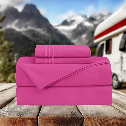 Image of Elegant Comfort Luxurious 1500 Premium Hotel Quality Microfiber Three Line Embroidered Softest 4-Piece Bed Sheet Set, Wrinkle and Fade Resistant, RV Short Queen, Pink