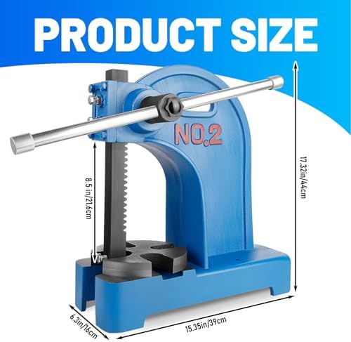 Manual Arbor Press 1 Ton, Blue Cast Iron Desktop Tool with 5.5" Maximum Height, Removable Machined Steel Anvil for Stamping and Bending