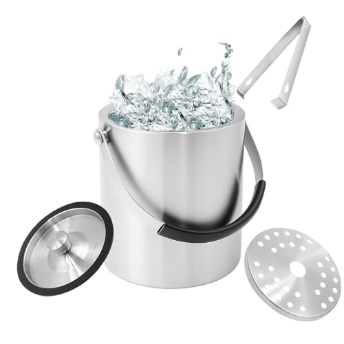 Yeqqzq 1.6L Double Walled Stainless Steel Insulated Ice Bucket with Silicone Lid, Strainer, Tongs, Ice Bucket Wine Buckets for Cocktail Bar and Parties