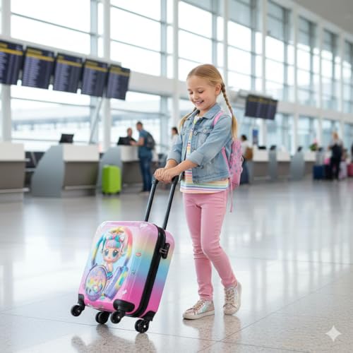 Image of Kids Carry On Luggage with Wheels, 18-inch Hard Shell Suitcase for Boys & Girls, Lightweight Toddler Rolling Travel Bag with Retractable Handle, Durable Hardside Spinner Suitcase for Airplane Travel