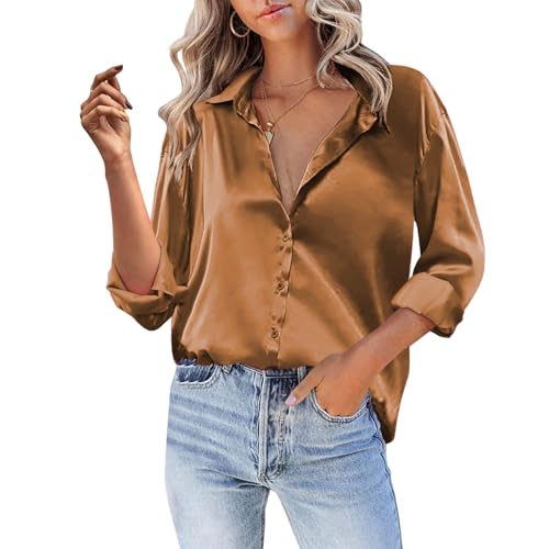 Baxtayel Women Satin Silk Button Down Shirt Casual Long Sleeve V Neck Blouse Loose Dressy Business Work Office Tunic Tops Z-Brown