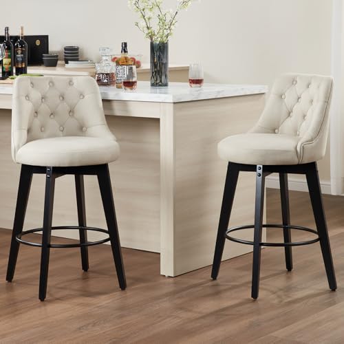 Image of Virabit Swivel Bar Stools Set of 2, Linen Counter Height Bar Stool with Back, Upholstered Bar Stools for Kitchen Island, Dining, Cafe, Pub (Beige)