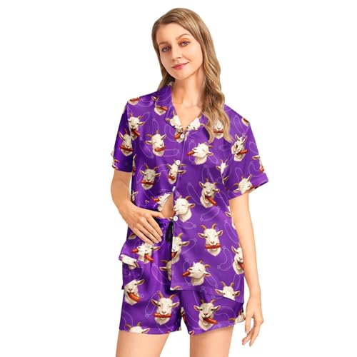Image of Funny Pajamas for Women Set Print Satin Loungewear Pjs Short Sleeve Button Down Top and Shorts Sets Sleepwear XS-3XL