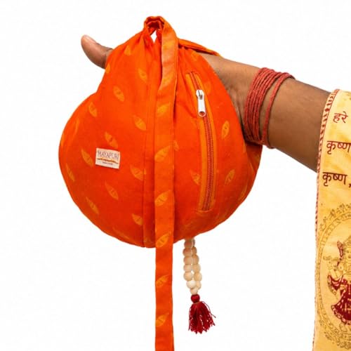 Image of Original Pure Cotton Gomukhi Japa Mala Bag /Chanting Bag or Beads Bag /Jholi /Thole with Zip Pocket and Sakshi Mala Counter (Saffron Orange)