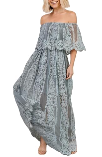 Image of HOYISHION Women's Off The Shoulder Floral Lace Maxi Dress White Bridesmaid Wedding Party Maternity Photoshoot Long Dresses
