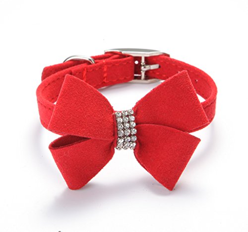 BINGPET BA2042 Bow Tie Crystal Boy Girl Dog Collar Fancy Designer Bling Rhinestone Collars for Dogs, Red S