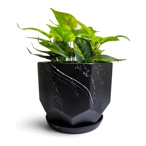 Finestic Large Marble Black Plant Pot with Saucers Cover