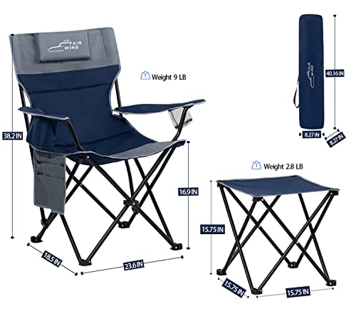 FAIR-WIND-Oversized-Fully-Padded-Camping-Lounge-Recliner-Chair-with-Footrest-Stool-Set-Heavy-Duty-Quad-Folding-Arm-Chair-with-Cooler-Bag-and-Headrest-Support-300-LBS-Blue-Grey