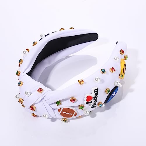 Football Headband Game Day Headband for Women Crystal Pearl Knotted Headband Football Beads Embellished Headband Rhinestone Jeweled Top Knot Headband Game Day Football Accessories (White Football)