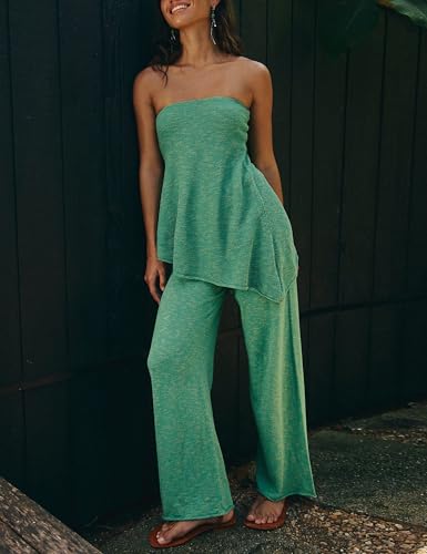 Image of Women Summer Knit Sweater Sets Sexy Tube Top and Loose Pant Lounge Matching Set 2025 2 Piece Outfits