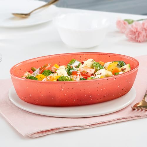 Image of Borosil 700 ml Baking & Serving Oval Shape Dish | Borosilicate Glass Bakeware and Serveware Tray | Microwave, Oven & Dishwasher Safe Bowl | Transparent Container (Kube Pink)