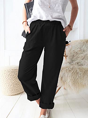 Women's Summer Straight Pants Loose Elastic Waist Casual Trousers Pants with Pockets