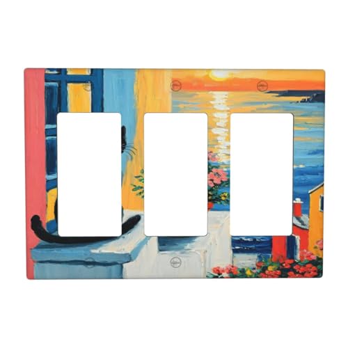 Decorative Outlet Covers Vintage Oil Painting Style Black Cat Sea Flowers 3 Gang Wall Plate Triple Rocker Light Switch Cover Plate Jumbo Electrical GFCI Faceplate for Country Home Decor