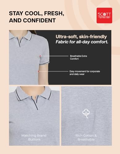 Image of Scott International Women's Cotton Polo T-Shirt | Half Sleeve Plain Collar Tee | Stylish Casual Top | Plain T-Shirt for Girls | Workwear for Office & Casual Wear