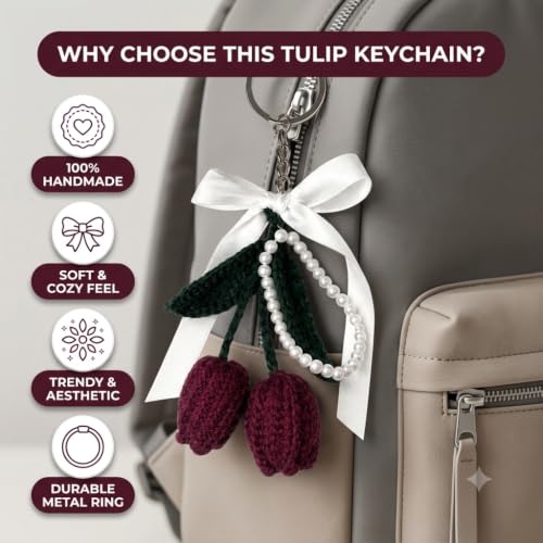 Image of Handmade Crochet Tulip Keychain with Pearl String - Cute Floral Bag Charm & Aesthetic Purse Pendant, Knitted Flower Keyring Accessory Gift for Girls & Women
