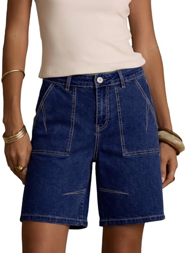 Sidefeel Bermuda Denim Shorts for Women High Waisted Stretchy Dressy Casual Jean Shorts Size 8 Dark Blue