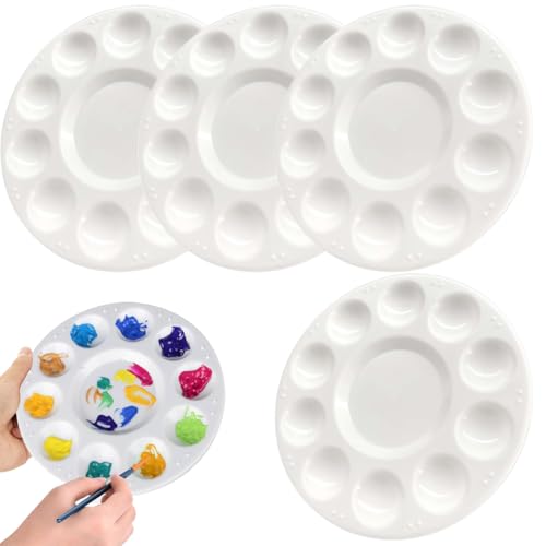 WeddHuis 4 piezas paleta de plástico redonda, paleta de pintura de plástico, 10 pocillos de color, paleta acrílica en forma de U para acuarela, paleta de pintura para niños (17 cm de diámetro)