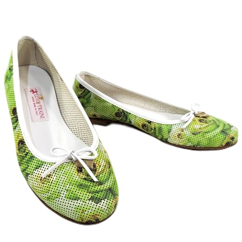Women's Ballet Flats, Green Perforated Leather, Comfort Summer Loafers with White Bow Detail, Made in Italy