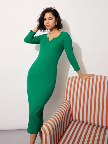 Image of barcino Black Rib Deep V-Neck Ankle Midi Dress