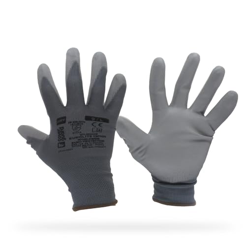 Greenstar Gants Atelier - Gants de Travail en Polyester et Polyuréthane - Pour Travaux Précis, Manipulation de Composants Gras - Taille 9/L, Gris-Noir