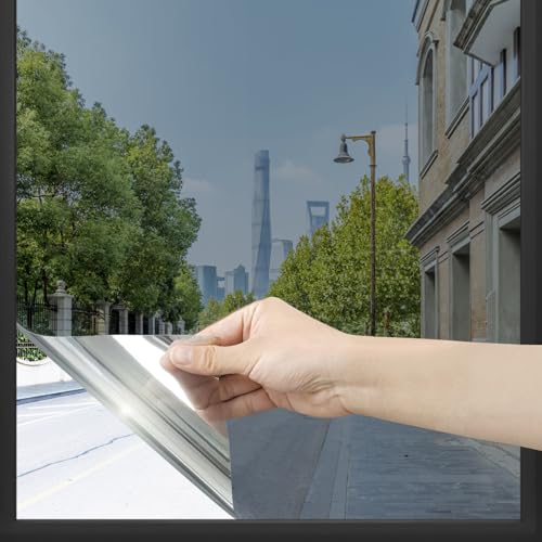Homein Spiegelfolie Fenster Sichtschutz Sonnenschutzfolie Innen 44,5x200cm, Fensterfolie Sonnenschutz Hitzeschutz UV Schutzfolie außen, Hitzeschutzfolie Einseitig Blickdicht Wärmeschutzfolie Silber