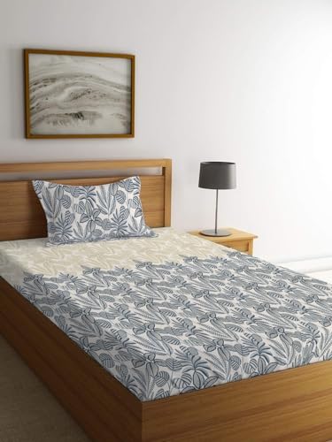 LOOMLYFE 300 TC Cotton Feel Glace Elastic Fitted Printed Single Bed Bedsheet with 1 Pillow Cover Fits Upto 6 Inches Mattress,Size- 42X75X8 Inches, BlueCoconut