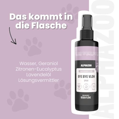 alphazoo Bye Bye Vloh Spray für Hunde 100 ml – mit Lavendel, Geraniol & Zitronen-Eukalyptus. Hilft gegen Flöhe, sanft zur Haut & ohne Alkohol. Natürlicher Schutz, pflegend & hautfreundlich.