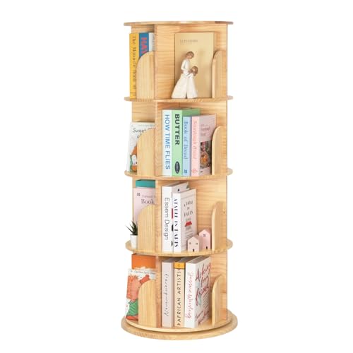 Image of OOOK Rotating Bookshelf for Kids & Adults, 4-Tier 360° Spinning Solid Wood Book Organizer, Space-Saving Floor Standing Bookcase for Study Room, Bedroom, Living Room, Office