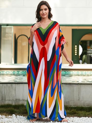 Image of IMAGEKOPE Women's Plus Size Loose Fit Moroccan Print V-Neck Batwing Kaftan Beach Dress Bathing Suit Cover Up