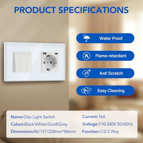 BSEED Lichtschalter mit Steckdose 3 Fach 1 Weg,Wandschalter mit 16A Schuko Steckdose mit USB Anschluss (Max. 2.1A) Typ C Port Weiß,Physische Unterputz Wandschalter mit Steckdose- 157mm