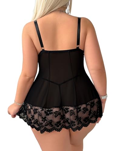 Image of Alrovetoney Women Plus Size Babydoll Lingerie Lace Chemise Mesh Sleepwear Strappy Sexy Nightgown Boudoir Outfit L-4XL