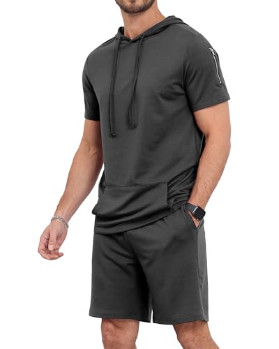 Aiyino Men's Tracksuit 2 Piece Hooded Athletic Sweatsuit Short Sleeve Casual Sports Hoodie Shorts Set3