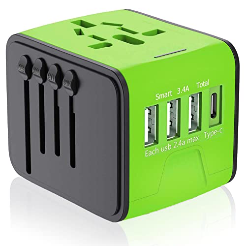 APzek Travel Adapter, Universal International Power Adapter with High Speed 3 USB & Type C Travel Charger, European Adapter Worldwide AC Outlet Plugs for Europe UK AU US Asia 200+ Countries, Green