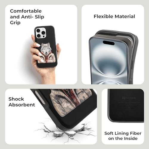 Image of PULOKA - Mobile Cover Compatible for iPhone 16 Pro Max - Wolf Embroidery - Sleek & Stylish - Protective & Anti Scratch Phone Cover Vegan Leather Back Case - Men & Women - Black