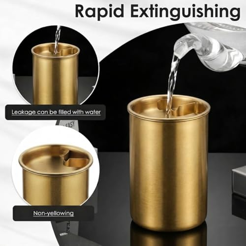 Image of NYRWANA Stainless Steel Windproof Ashtray with Lid | Rustproof, Easy-to-Clean Ash Holder for Smokers | Elegant Indoor Outdoor Ash Tray for Patio, Home, Office, Bar & Garden Use (Gold)