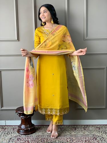 Kurta Chanderi moutarde brodé avec pantalon taille L LookMark - 5