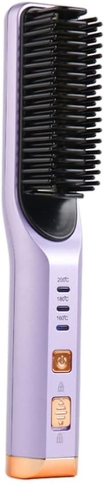 Plancha para el cabello inalámbrica y portátil con cepillo calentador, control de temperatura de tres niveles (160°C, 180°C, 200°C), batería recargable USB, color púrpura