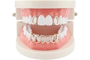 18K Gold Dripping Fangs Top and Bottom Grillz Iced Out Teeth Caps Hip Hop Jewelry