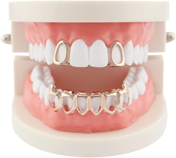 Huliyhus 18K Gold Plated Hip Hop Teeth Grillz Caps Open Face 2pcs Single Top and Bottom Grills for Your Teeth Grillz Set for Men Women