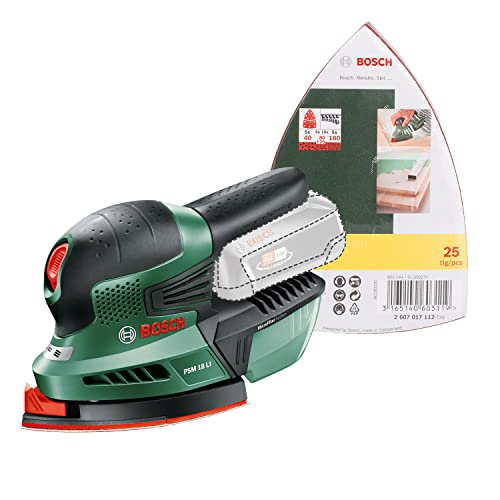 Bosch PSM 18 LI Cordless 18 Volt Li-Ion Multisander (baretool: Supplied Without Battery/Without Charger) + Piece Sanding Sheet Set for Multi-Sanders, Grit 40, 80, 120, 180, Red