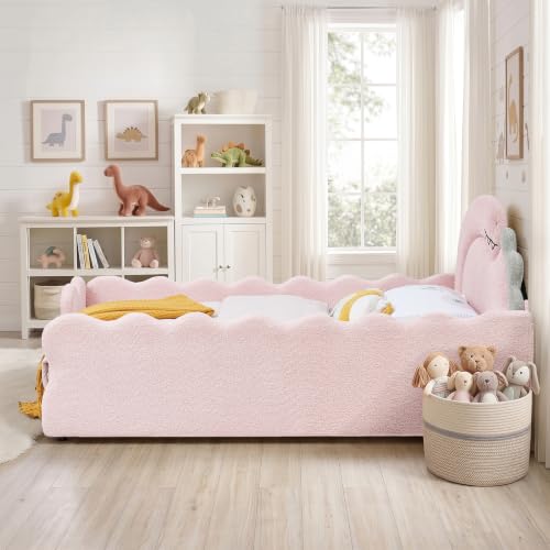 Image of Full Size Kids Bed with Dinosaur Headboard, Upholstered Boucle Fabric Twin Daybed with Slats Support & Side Pocket, Space-Saving Wooden Corner Sofa Couch Day Bed Frame for Girl, Boy, Teenager(Pink)