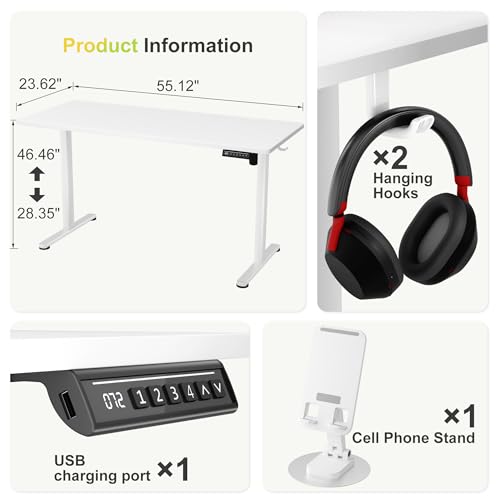 Image of Furmax 55 Inches Electric Standing Desk, Home Office Desk with Phone Holder