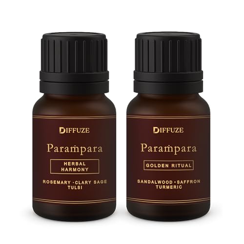 Image of DIFFUZE Essential Oil Set - Ayurvedic Healing Duo - 2 x 15 ml (Herbal Harmony & Golden Ritual) | Tulsi, Sandalwood, Rosemary & Saffron Essential Oil Blend for Diffuser, Meditation & Wellness | Long-Lasting Natural Fragrance