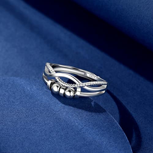 Loutade Silber Anxiety Rings, 925 Sterling Silber Damen Angst Ringe, Offen Einstellbar Anti-Angst Stress Dekompressionsringe, Unendlichkeit Spinner Fidget Ring mit 5 Perlen, Zappelringe Fidget Ringe
