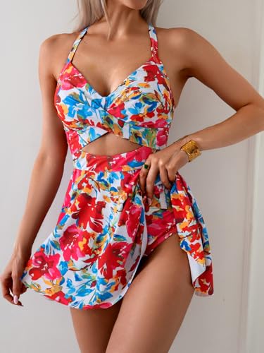 Image of B2prity Women Cutout One Piece Skirt Swimsuit V Neck Wrap Tie Back Swimdress Tummy Control Bathing Suits Slimming Swimwear