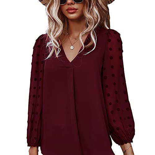 Chemisier Col v Femme Chemisier Femme Chic et Élégant Tee Shirt Femme Blouse Mousseline Décontractés pour Femme Grane Taille (L, Rouge) Cover