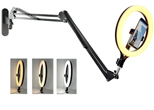 Anillo de luz de 28 cm para montaje en pared, luz para teléfono móvil con brazo de pared compatible con Samsung y iPhone 16 15 14 13 12 11 Xr Xs X Pro Max