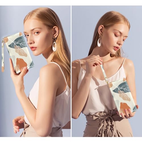 Image of Nipichsha Womens Wallet, RFID Wristlet Wallet for Women, Cute Ladies Purse, Large Credit Card Clutch Wallets, Leather Card Holder Wallets with Zipper & Phone Holder, Abstract Boho Leaf
